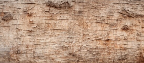 Close-up view of a tree trunk with a rough and textured surface, highlighted in natural light. The background features layers of tree bark. with copy space image. Place for adding text or design