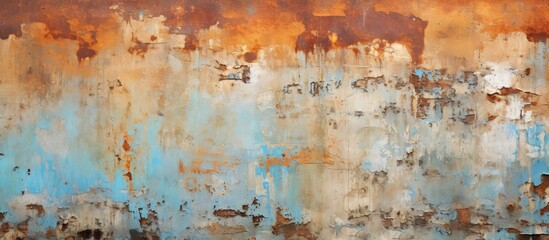 A weathered wall showing signs of rust with remnants of blue and brown paint peeling off. with copy space image. Place for adding text or design