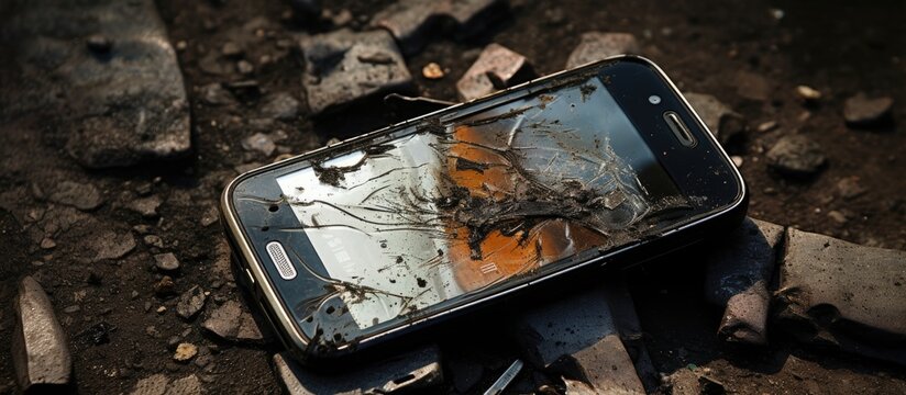 An old worn-out smartphone in a dirty silicon case lies on a rugged textured surface outside, reflecting sunlight off its dark, non-functional screen as a symbol of electronic waste