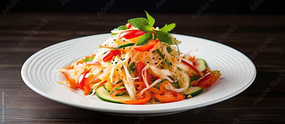 Poster A plate displaying a variety of fresh vegetables in a salad set on a table. with copy space image. Place for adding text or design