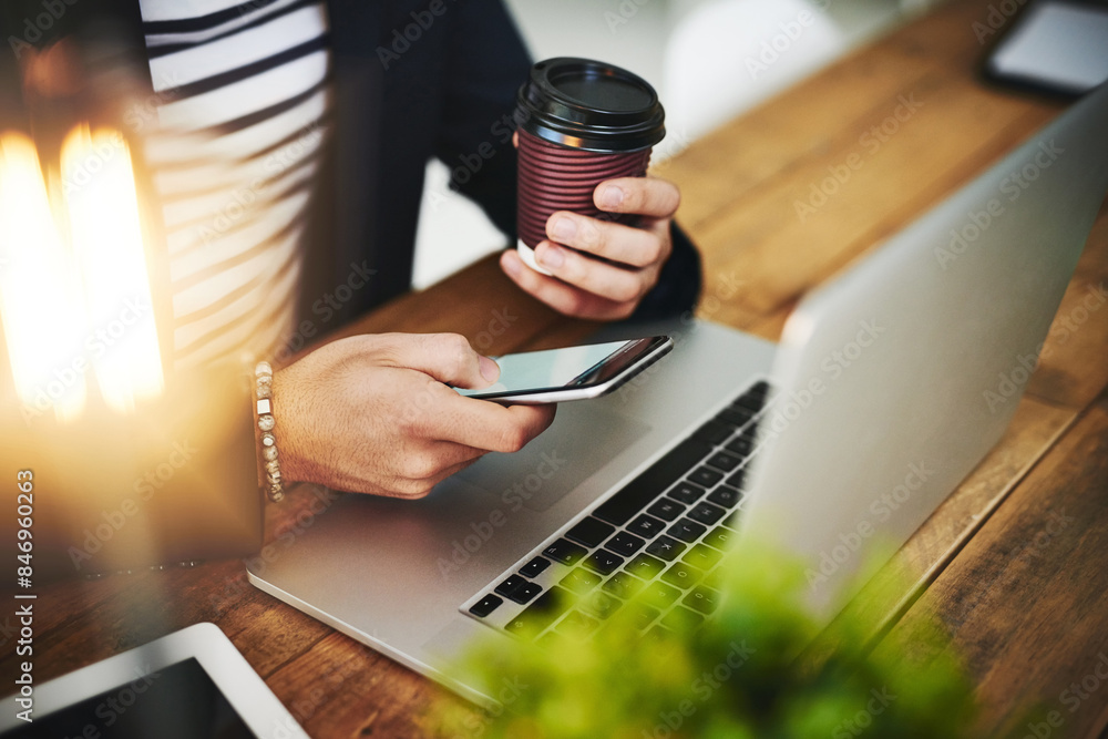 Poster coffee, phone and laptop with man hands at office with website planning on social media break. morni