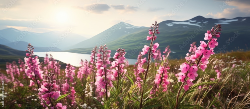 Aufkleber Purple flowers bloom in the foreground of a serene mountain lake with a majestic backdrop of peaks. with copy space image. Place for adding text or design
