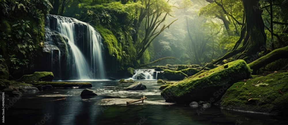 Poster capturing the serene beauty of a majestic waterfall cascading in a dense, lush green forest setting.