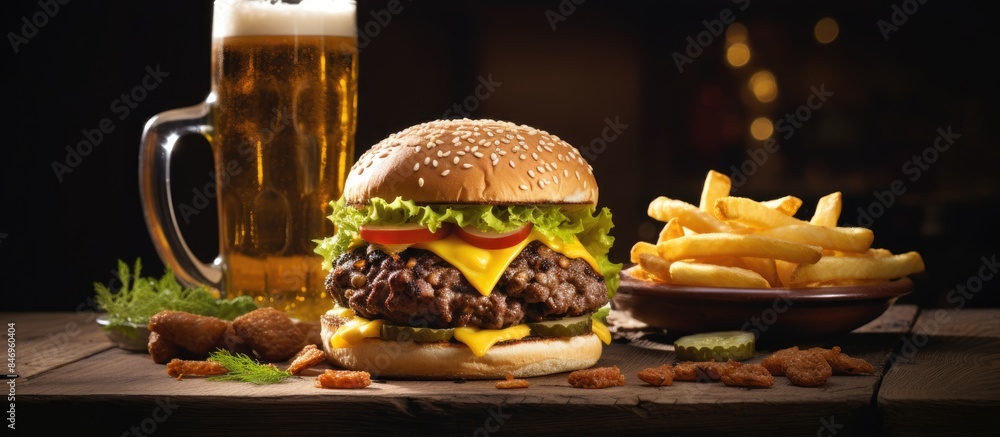 Poster Close-up of a delicious cheeseburger with crispy fries, accompanied by a glass of beer, neatly arranged on a table. with copy space image. Place for adding text or design