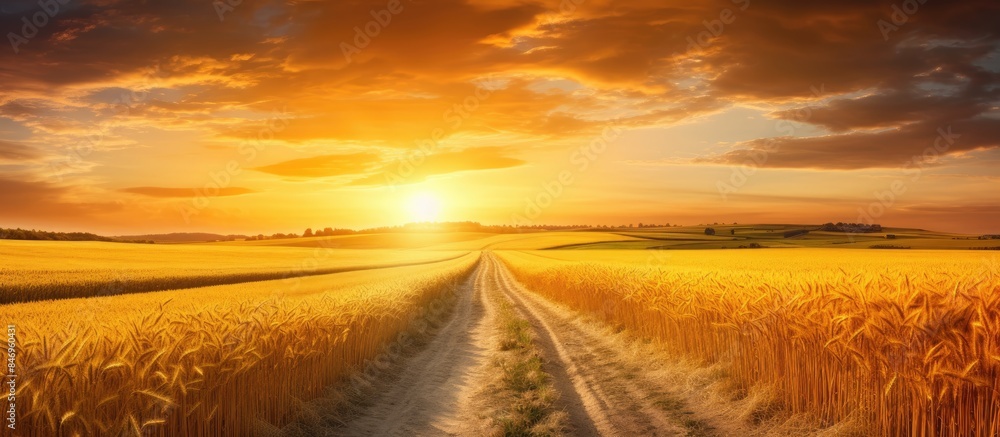 Fototapete golden wheat fields under a setting sun with a dirt road cutting through the landscape. with copy sp