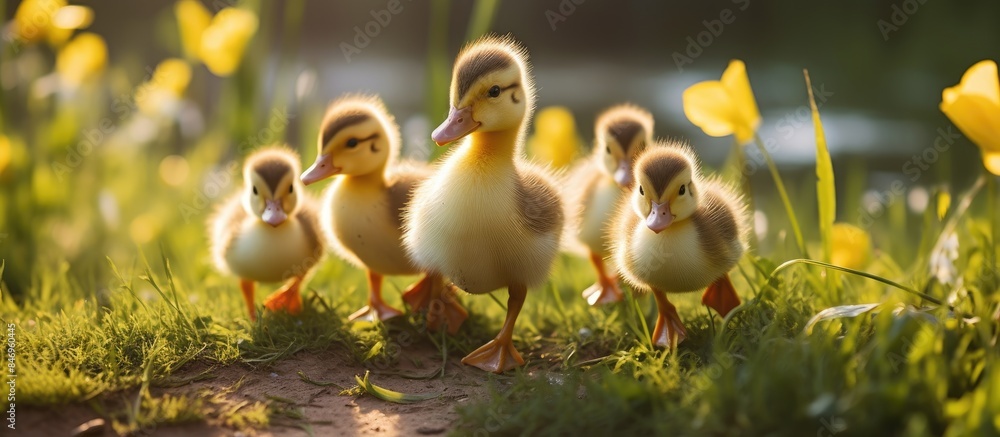 Aufkleber Young ducklings stroll on green grass under the warm sun in a coop. with copy space image. Place for adding text or design