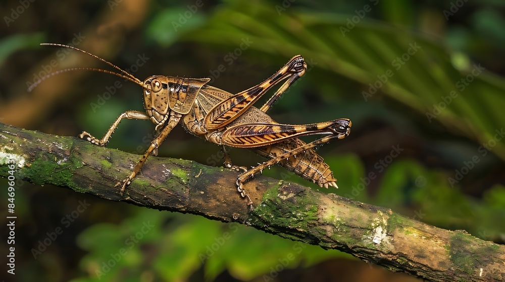 Poster brown grasshopper on a branch macro photo of this cute orthoptera insect in the grass somewhere in t