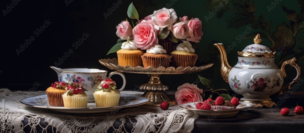 Fototapete Delicious cupcakes displayed on a table with a tea set comprising a teapot. with copy space image. Place for adding text or design
