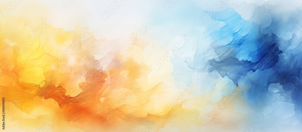 Poster Vibrant watercolor painting featuring a blend of yellow and blue hues, creating an abstract representation of a cloud in the sky. with copy space image. Place for adding text or design