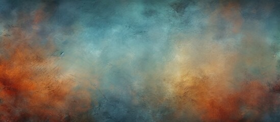 In the artwork, a vivid blue and orange sky is depicted with fluffy clouds scattered across the horizon. with copy space image. Place for adding text or design