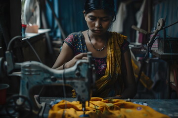 indian woman sitting at a sewing machine working