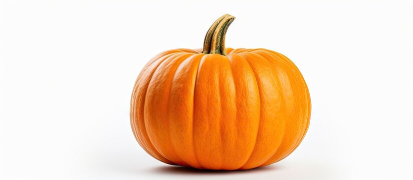A small pumpkin in orange color placed on a surface that is white in color. with copy space image. Place for adding text or design