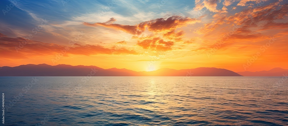 Fototapete Sunset casting a golden glow over the ocean and mountains in the background. with copy space image. Place for adding text or design