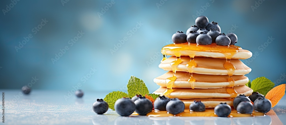 Leinwandbilder giraffe-shaped syrup dispenser with blueberries on a table adorned with leaves, accompanied by a sta