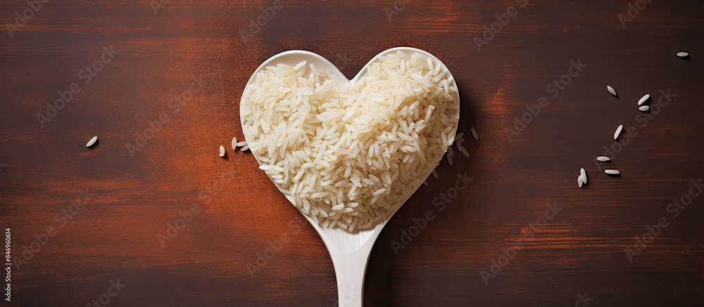 Poster heart-shaped spoon filled with long grain rice placed on a rustic wooden table. with copy space imag