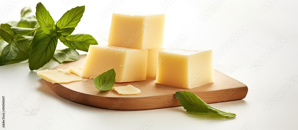 Poster italian parmesan cheese and basil leaves displayed on a rustic wooden surface. with copy space image