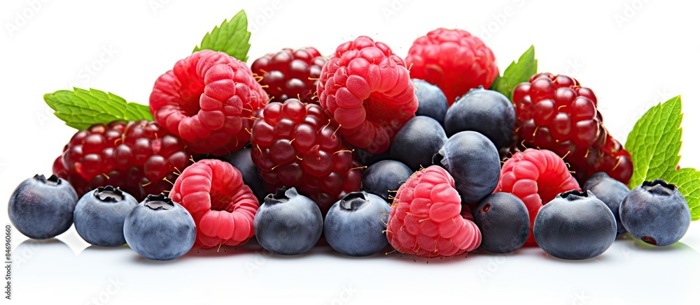 Poster assorted raspberries and blueberries placed on a clean white surface with green leaves. with copy sp