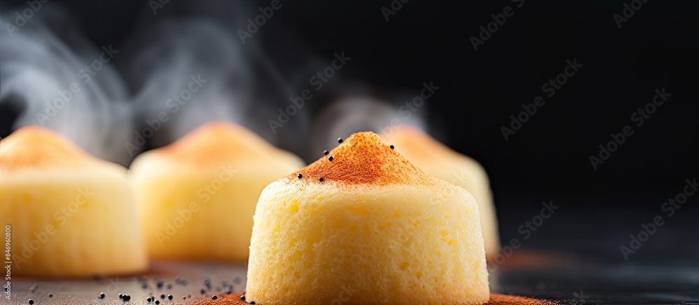 Aufkleber three small desserts covered in powder displayed alongside a detailed shot of delicious steamed spon