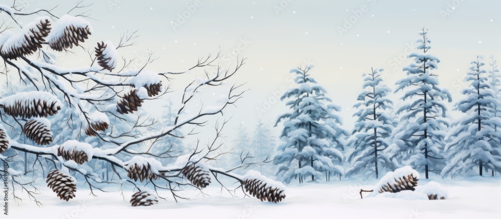 Fototapete Pine cones and spruce trees covered in snow create a serene winter scene. with copy space image. Place for adding text or design