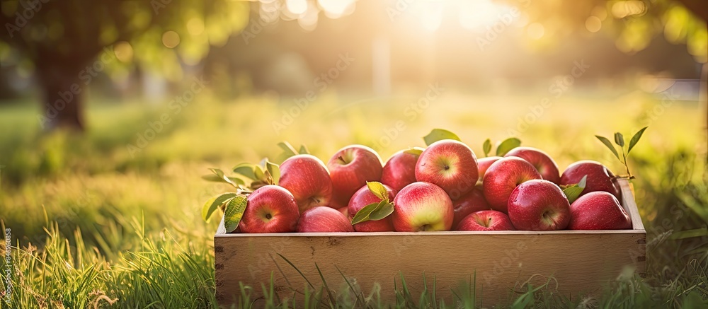 Poster wooden box holding fresh red apples placed on green grass under sunlight. with copy space image. pla