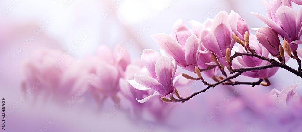 Poster Lush purple flowers blooming on a branch with a soft, out-of-focus background in spring. with copy space image. Place for adding text or design