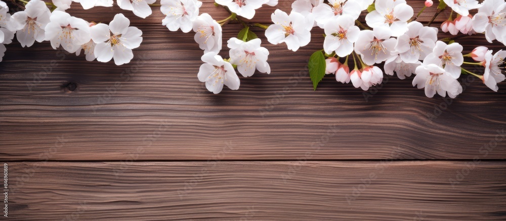 Poster Close-up of a cherry tree branch in spring, showcasing delicate white blossoms against a natural wood background. with copy space image. Place for adding text or design