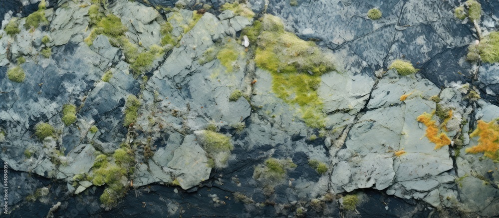 Leinwandbilder Moss growth on a stone surface in close-up, creating abstract irregular patterns with varicolored lichen. with copy space image. Place for adding text or design