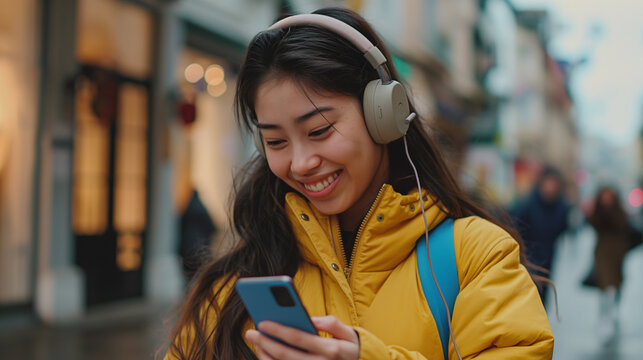 Woman yellow jacket cellphone headphones - Powered by Adobe