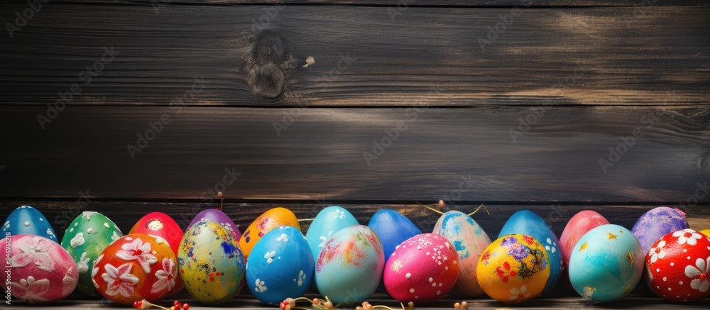 Poster Colorful painted Easter eggs arranged neatly on a wooden backdrop, adding a festive touch. with copy space image. Place for adding text or design