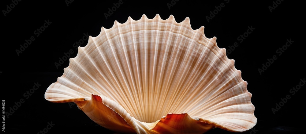 Poster Seashell up close, resting on a black background surface, isolated and detailed. with copy space image. Place for adding text or design