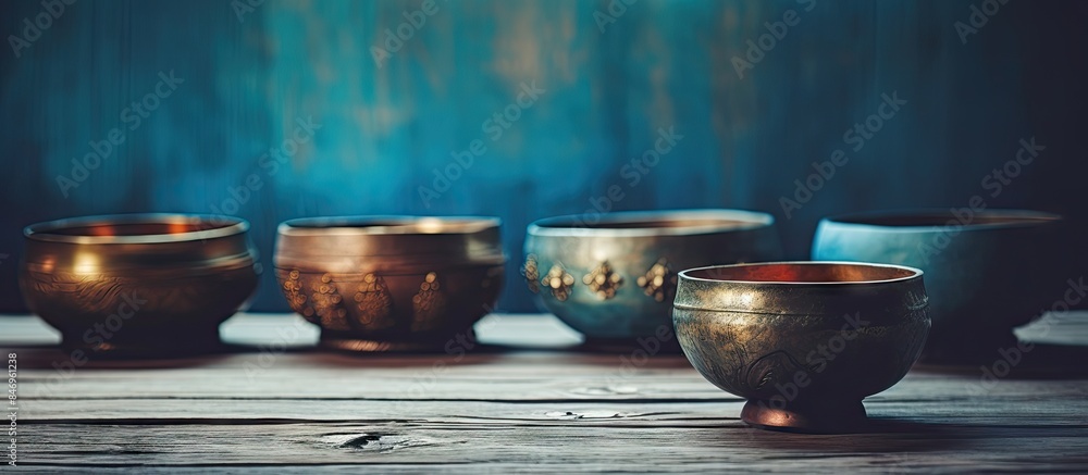 Leinwandbilder Variety of bowls in different sizes and shapes placed on a wooden table. with copy space image. Place for adding text or design