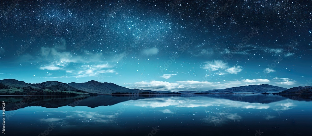 Poster The serene night sky with stars and clouds is beautifully mirrored on the calm lake's surface. with copy space image. Place for adding text or design