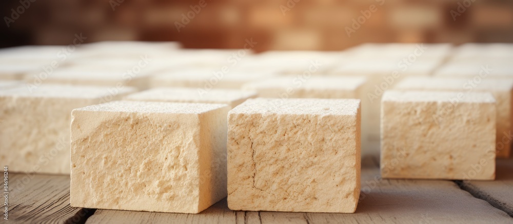 Fototapete several fluffy marshmallows placed on a rustic wooden table, creating a cozy and sweet scene. with c