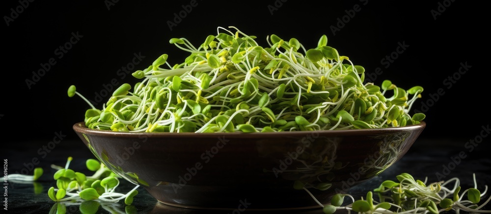 Poster fresh and nutritious mung sprouts displayed in a bowl resting on a rustic wooden table. with copy sp