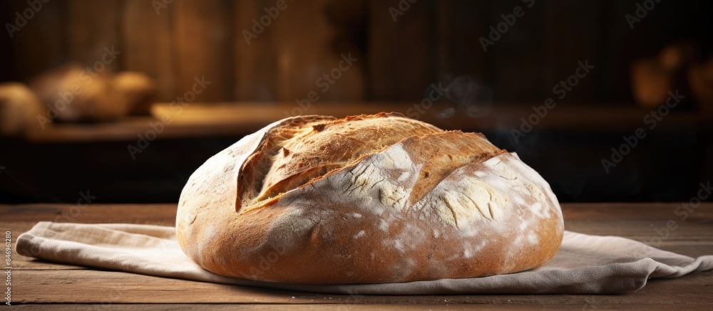 Poster Close-up of a round artisan sourdough bread loaf placed on a cloth on a tabletop. with copy space image. Place for adding text or design
