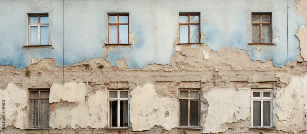 Poster Building with plenty of windows and a fire hydrant. Structure shows wear with scaffolding and surface cracks. with copy space image. Place for adding text or design
