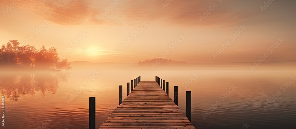 Aufkleber wooden pier on calm lake at sunset with beautiful sky colors reflecting on the water. with copy spac