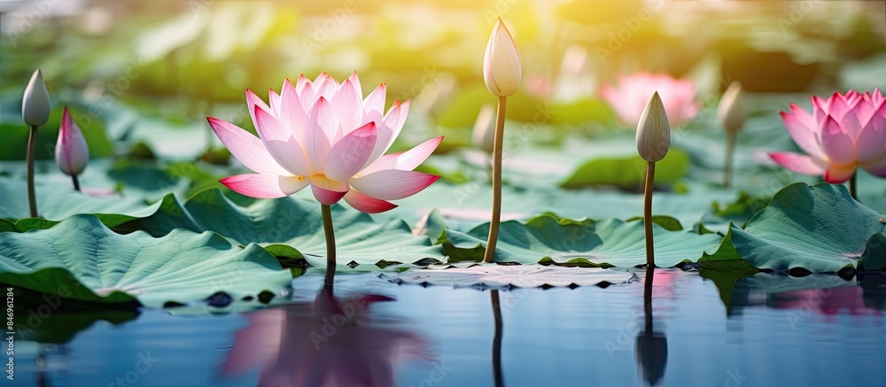 Poster Beautiful lotus flowers in full bloom surrounded by lush green leaves in a tranquil pond. with copy space image. Place for adding text or design