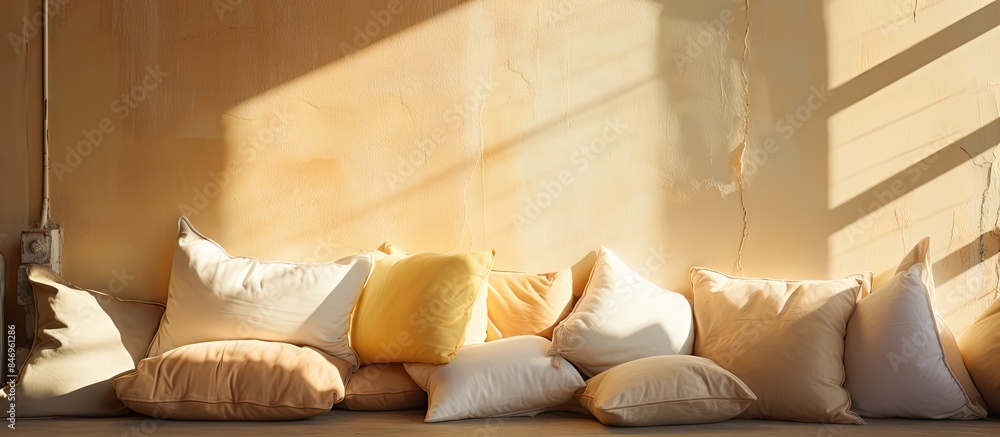 Poster Couch adorned with comfy pillows positioned by a bright window, creating a cozy space. with copy space image. Place for adding text or design