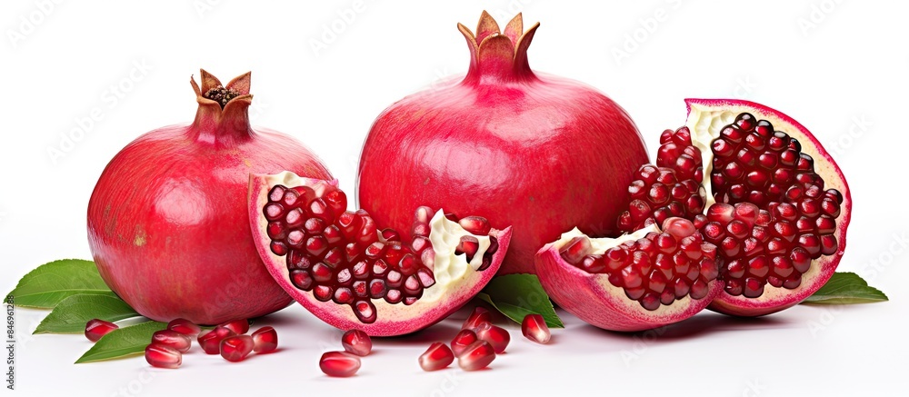 Leinwandbilder Close-up view of a pomegranate cut open with visible seeds and fresh leaves around. with copy space image. Place for adding text or design