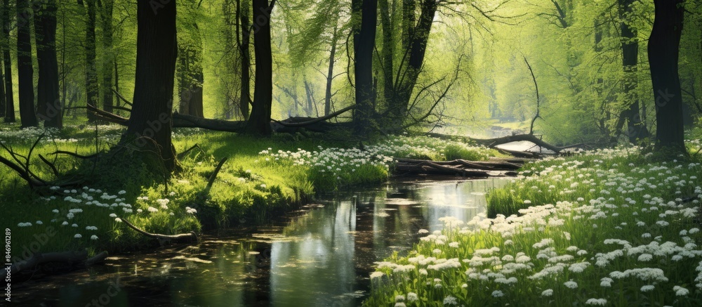 Aufkleber tranquil stream meandering through a vibrant forest during springtime in eastern europe. with copy s