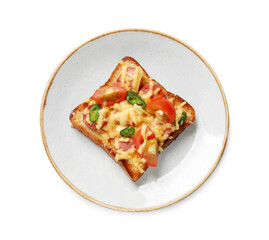 Plate with tasty pizza toast isolated on white, top view