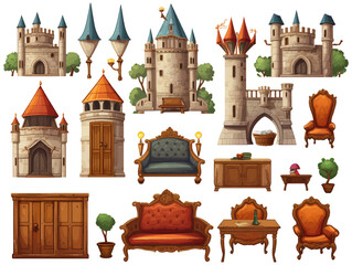 Set element castle interior furniture asset cartoon for games icon anime manga, RPG illustration © Pickoloh
