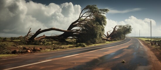 Trees by the roadside show damage from a storm, next to a coincidental cyclone warning sign resembling a cyclone. with copy space image. Place for adding text or design