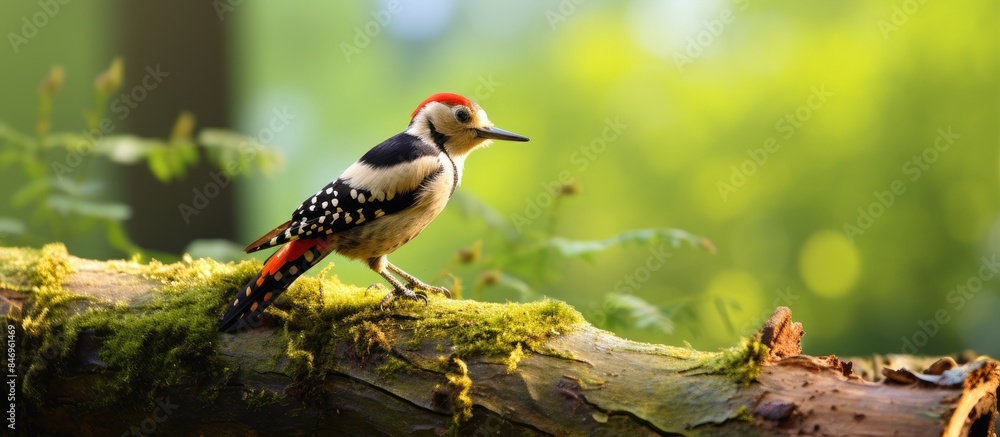 Poster Spotted Woodpecker seen climbing up a dead trunk while a bird rests on a branch nearby. with copy space image. Place for adding text or design