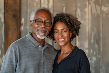 Fototapeta premium Portrait of a satisfied multicultural couple in their 50s donning a classy polo shirt while standing against light wood minimalistic setup