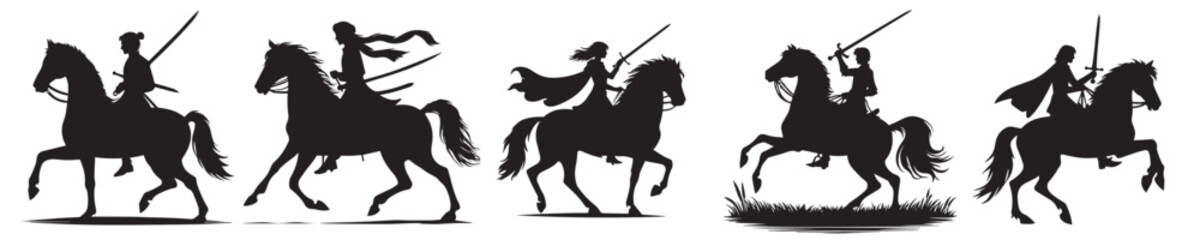 vector set collection of people riding horses with swords silhouette style