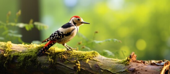 Spotted Woodpecker seen climbing up a dead trunk while a bird rests on a branch nearby. with copy space image. Place for adding text or design