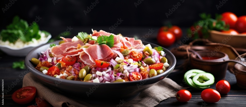Poster a flavorful salad featuring ham, assorted vegetables, and pine nuts, perfect for a zesty meal. with 