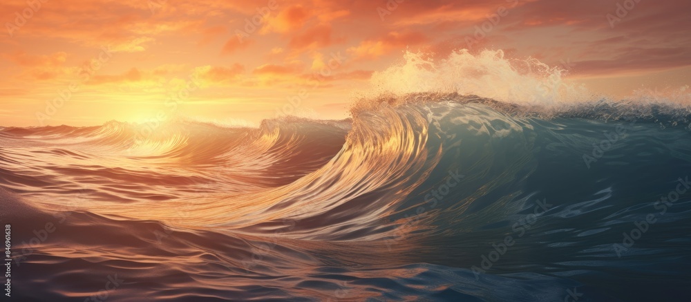 Fototapete ocean wave captured up close during sunset, highlighting the beauty of nature's colors reflecting on